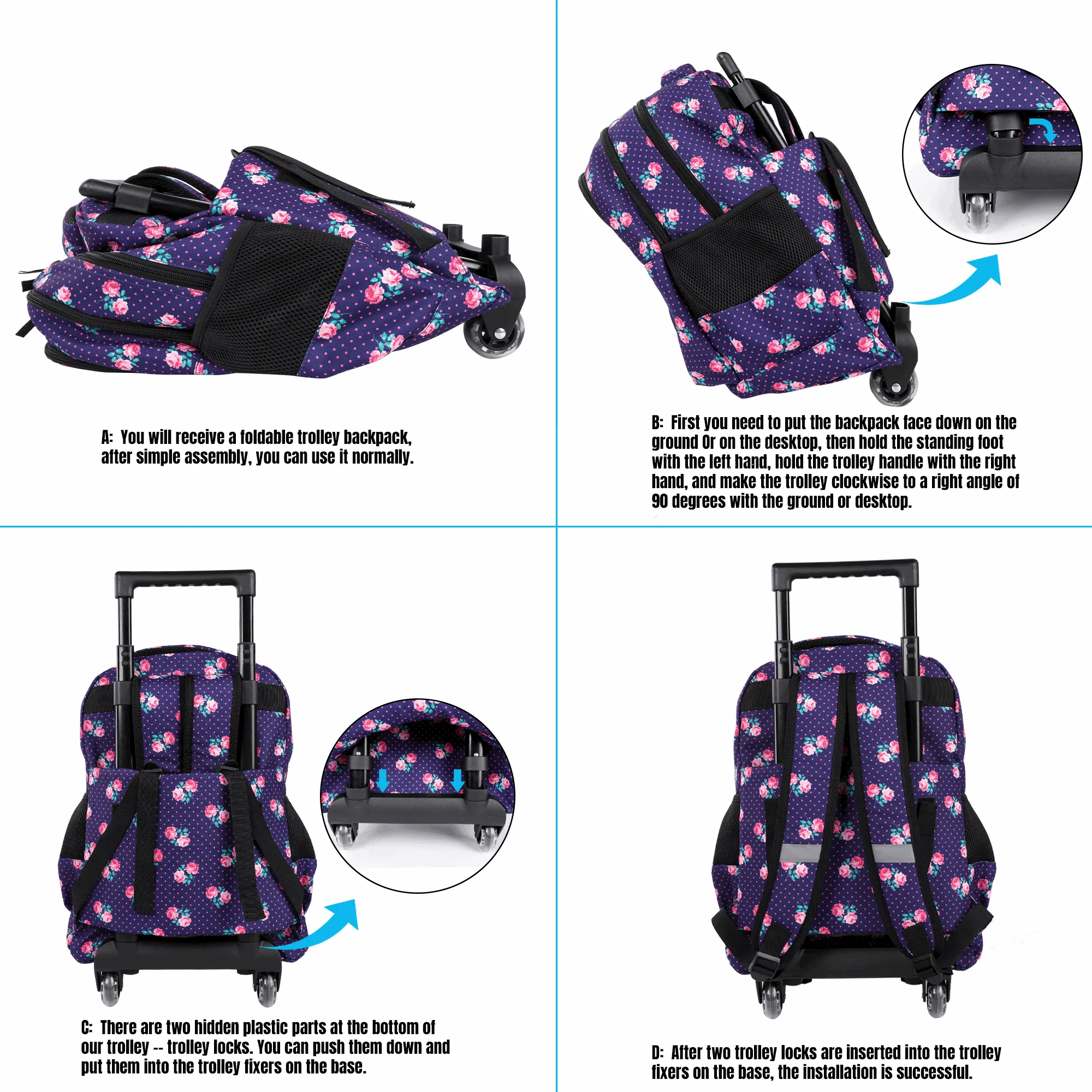 Seastig Black Butterfly 18 inch Rolling Backpack with Lunch Bag and Pencil Case Set