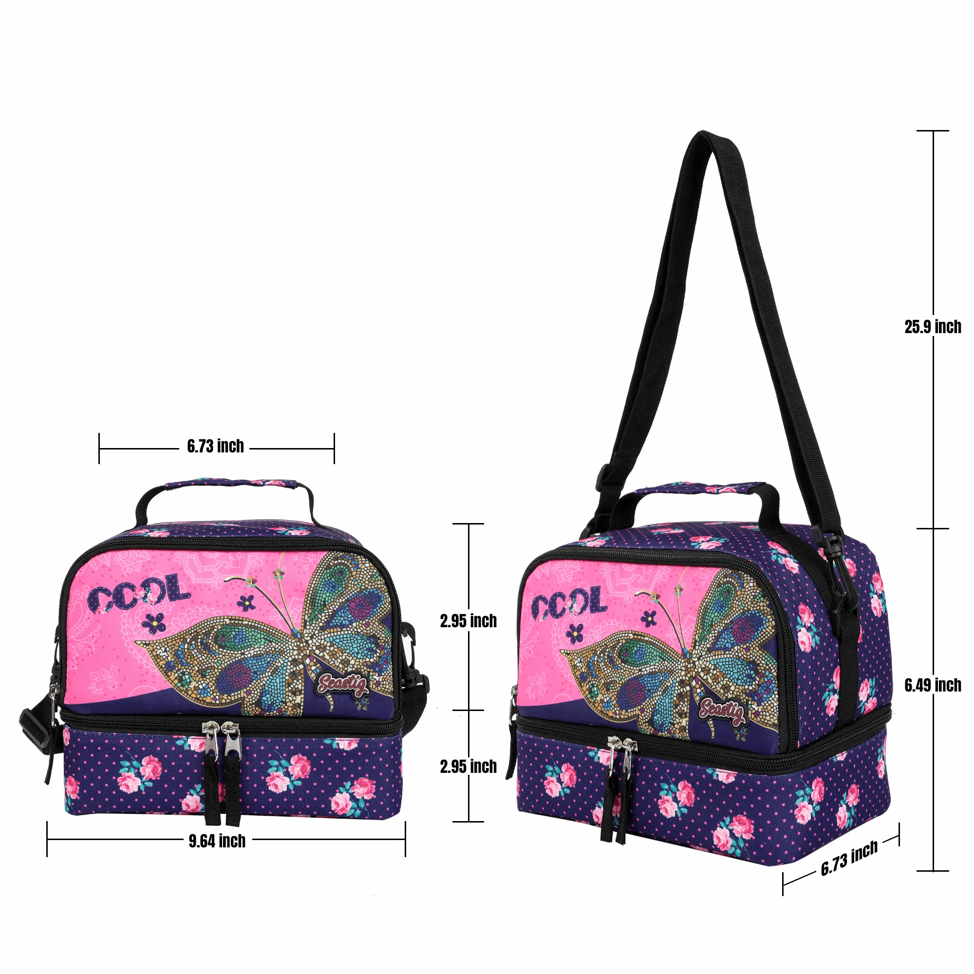 Seastig Black Butterfly 18 inch Rolling Backpack with Lunch Bag and Pencil Case Set