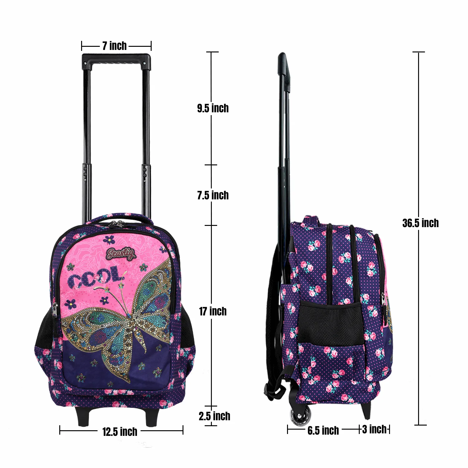 Seastig Black Butterfly 18 inch Rolling Backpack with Lunch Bag and Pencil Case Set