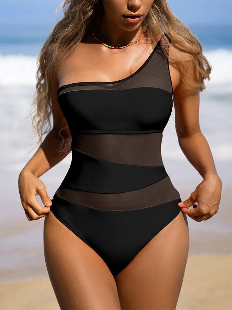 Sexy One shoulder Mesh Patchwork One-pieces Swimwear