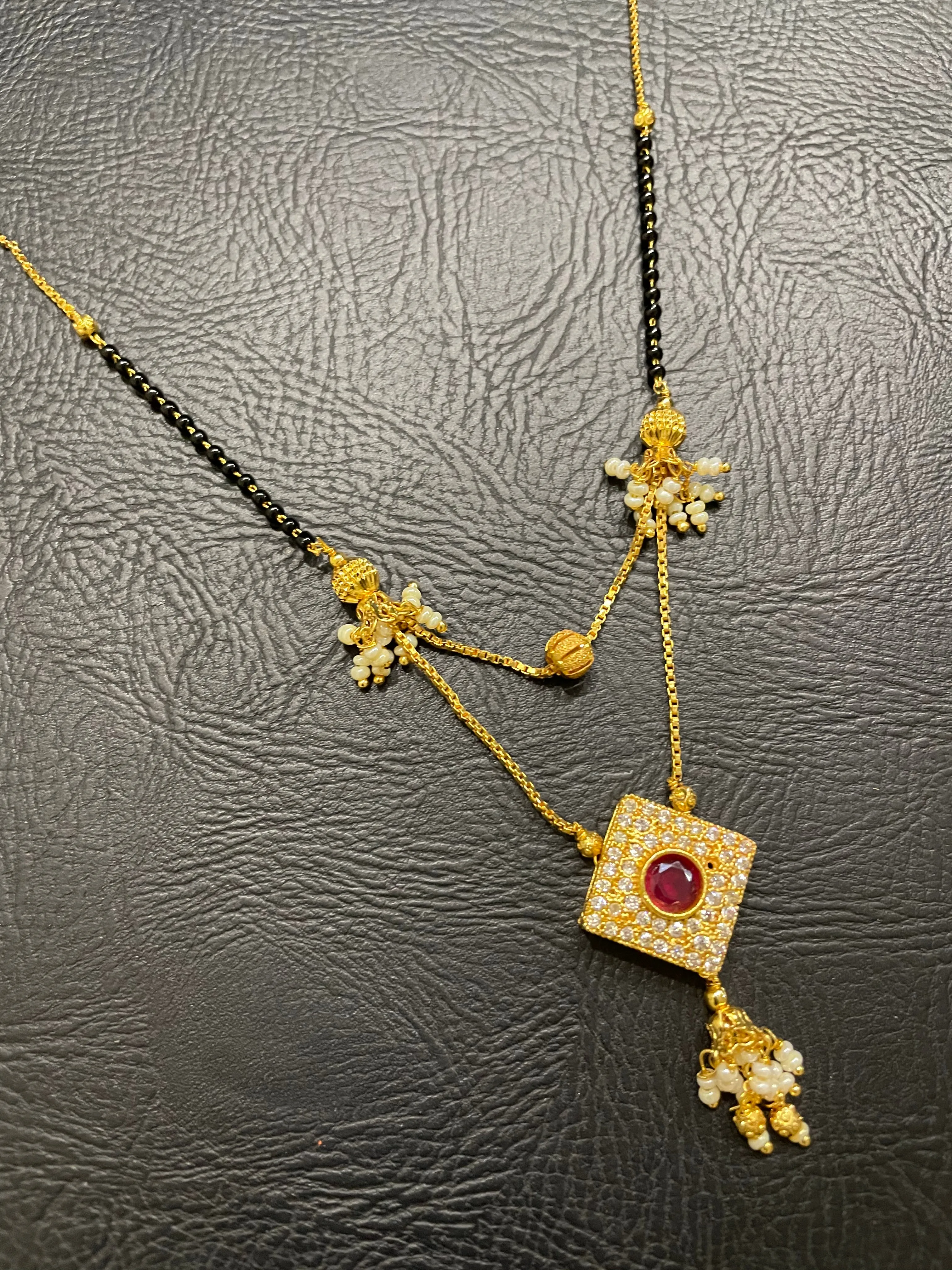 Short Mangalsutra Designs Gold Plated Double Strand Chain CZ Diamond Latkan Pendant (19 Inches)