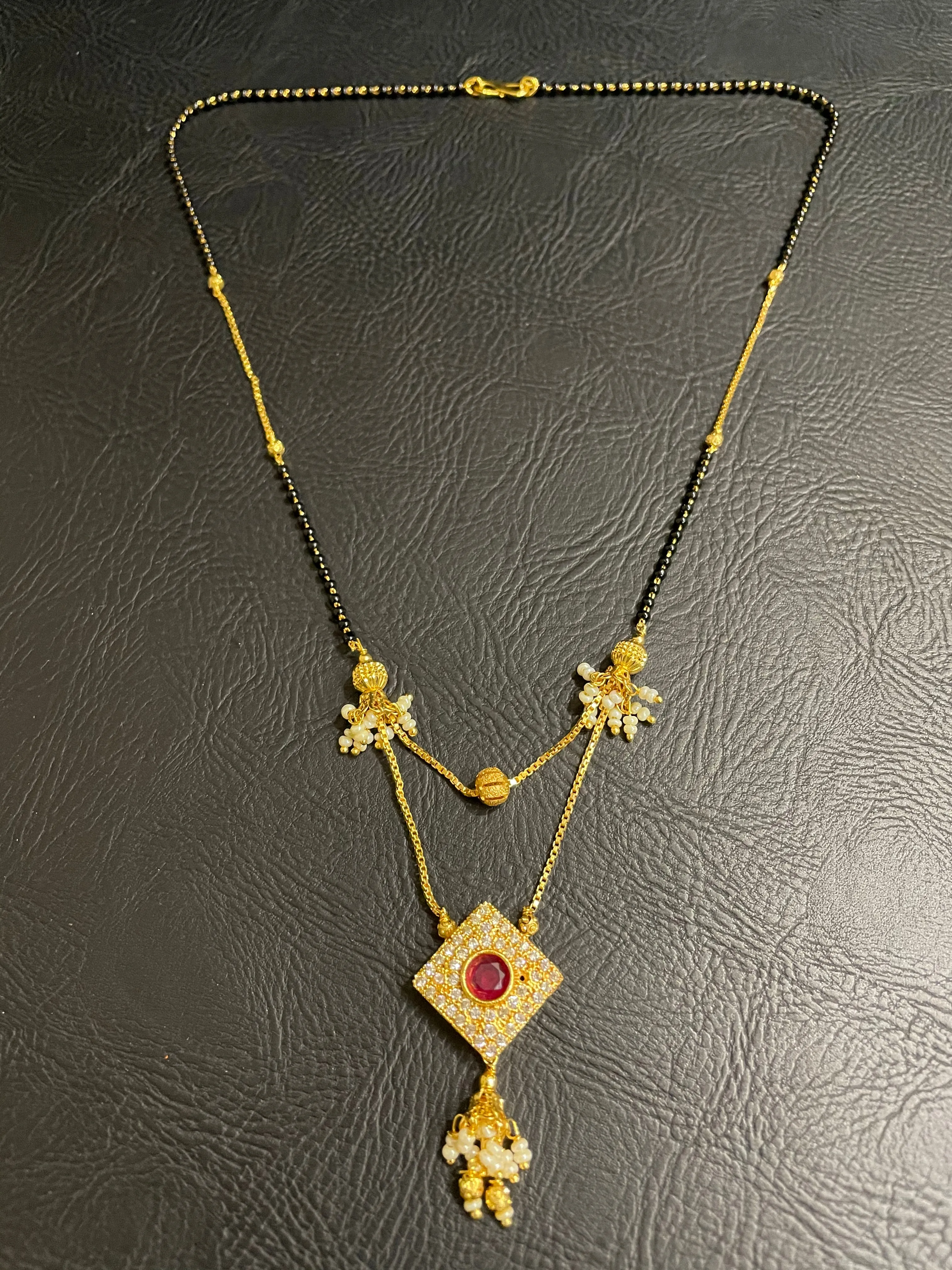 Short Mangalsutra Designs Gold Plated Double Strand Chain CZ Diamond Latkan Pendant (19 Inches)