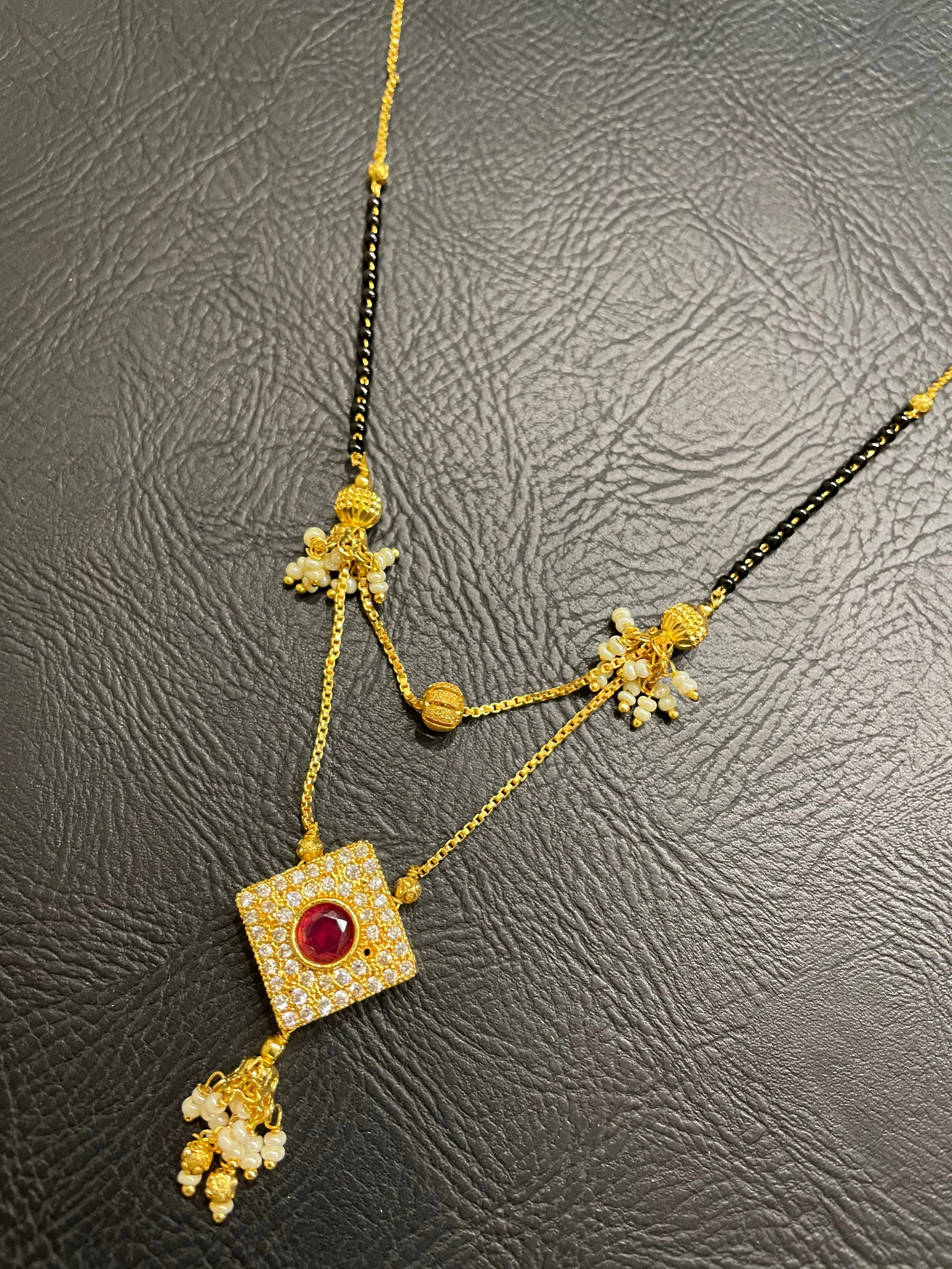 Short Mangalsutra Designs Gold Plated Double Strand Chain CZ Diamond Latkan Pendant (19 Inches)