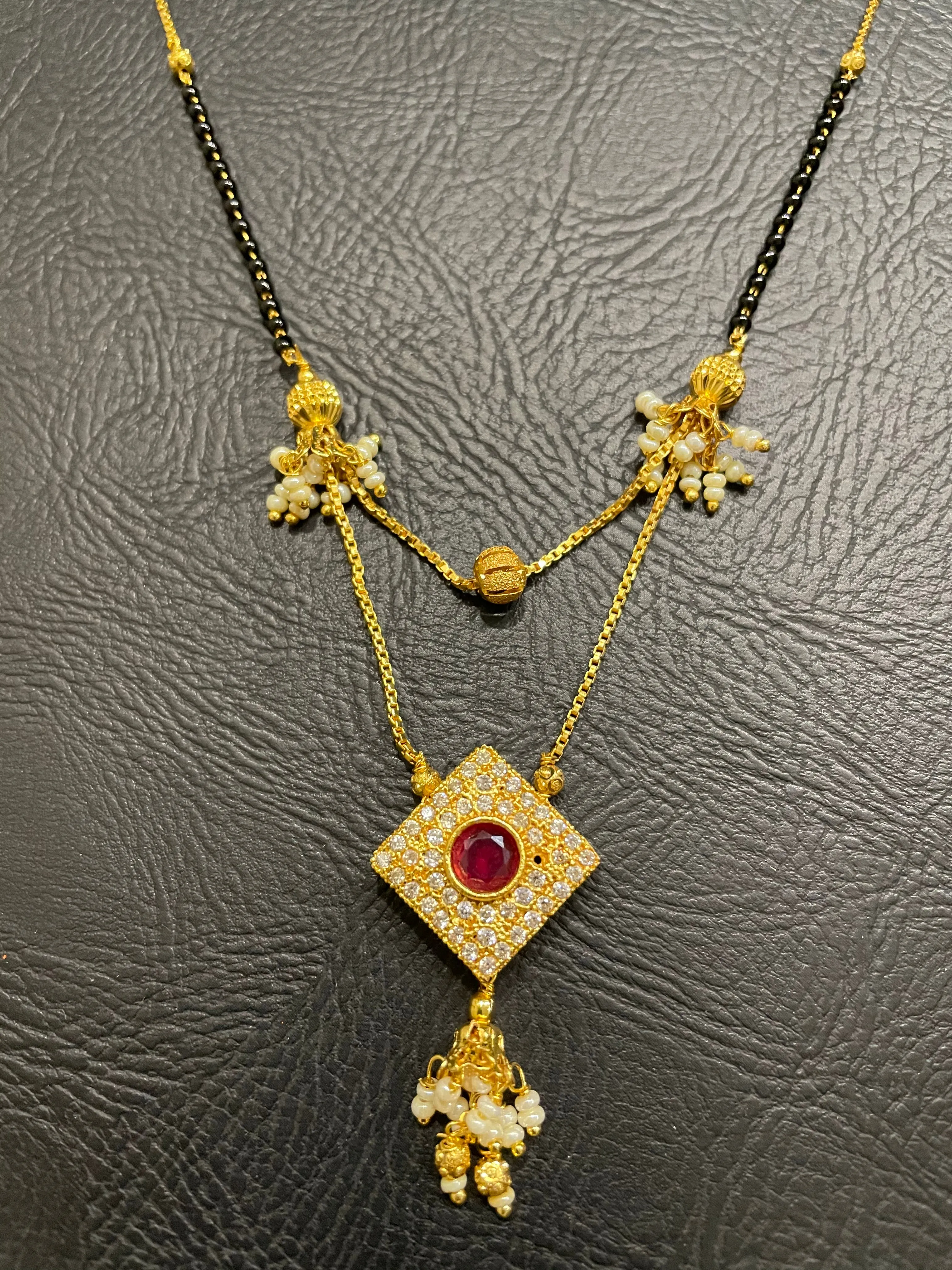 Short Mangalsutra Designs Gold Plated Double Strand Chain CZ Diamond Latkan Pendant (19 Inches)