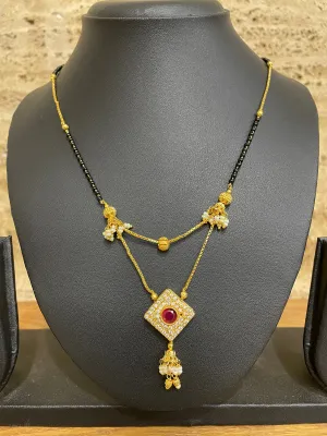 Short Mangalsutra Designs Gold Plated Double Strand Chain CZ Diamond Latkan Pendant (19 Inches)