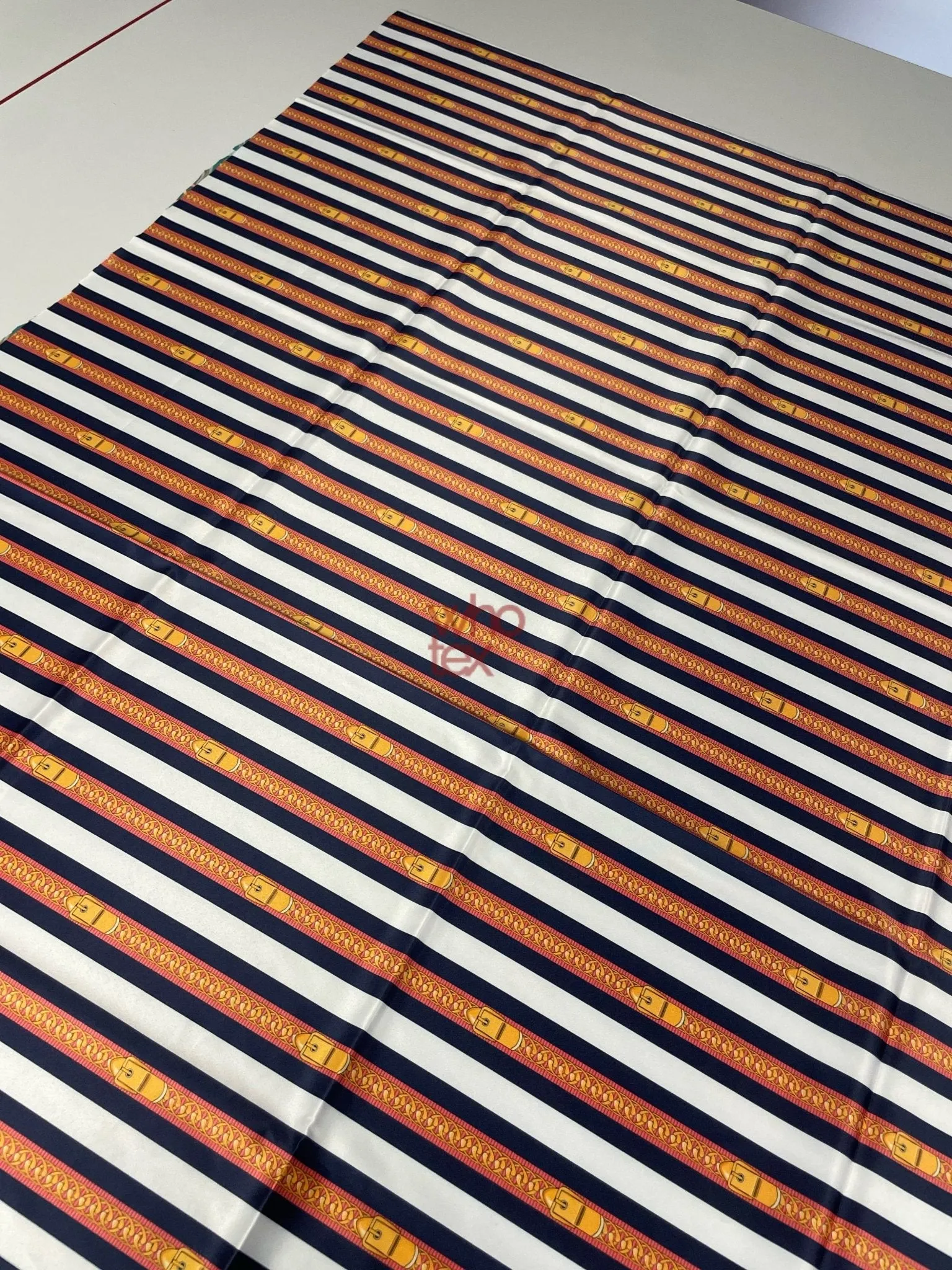 Striped Fabric with Belt and Chain Print – Nautical-Inspired Fashion Fabric