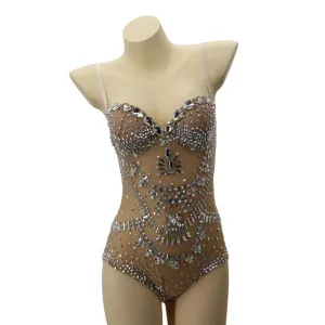 Studded Rhinestone Mesh Bodysuit - Silver/Nude -