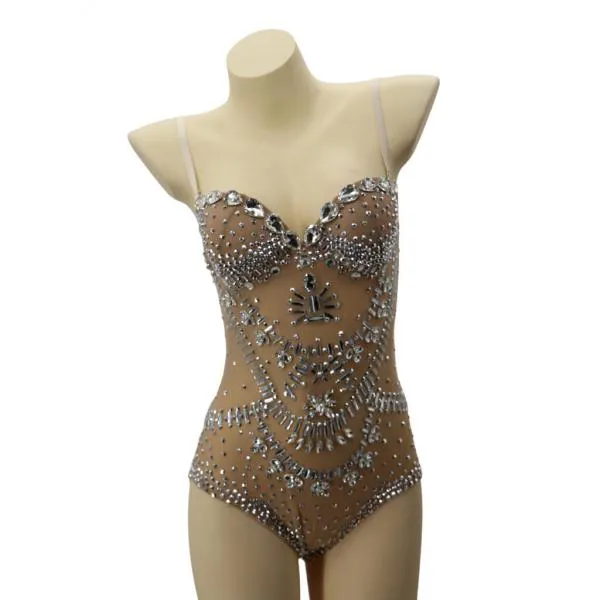 Studded Rhinestone Mesh Bodysuit - Silver/Nude -