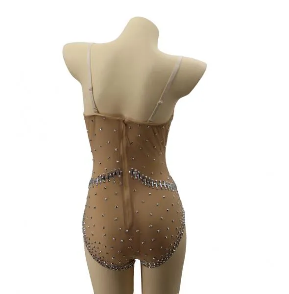 Studded Rhinestone Mesh Bodysuit - Silver/Nude -