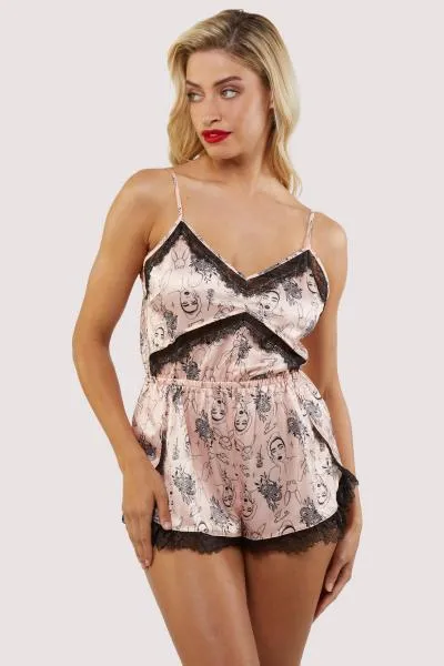 Tattoo Print Lace Playsuit - Pink/Black -
