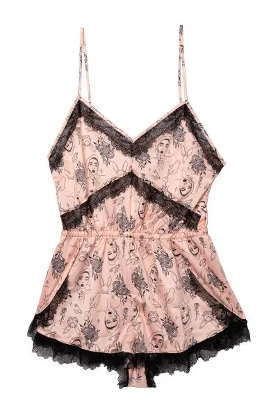 Tattoo Print Lace Playsuit - Pink/Black -