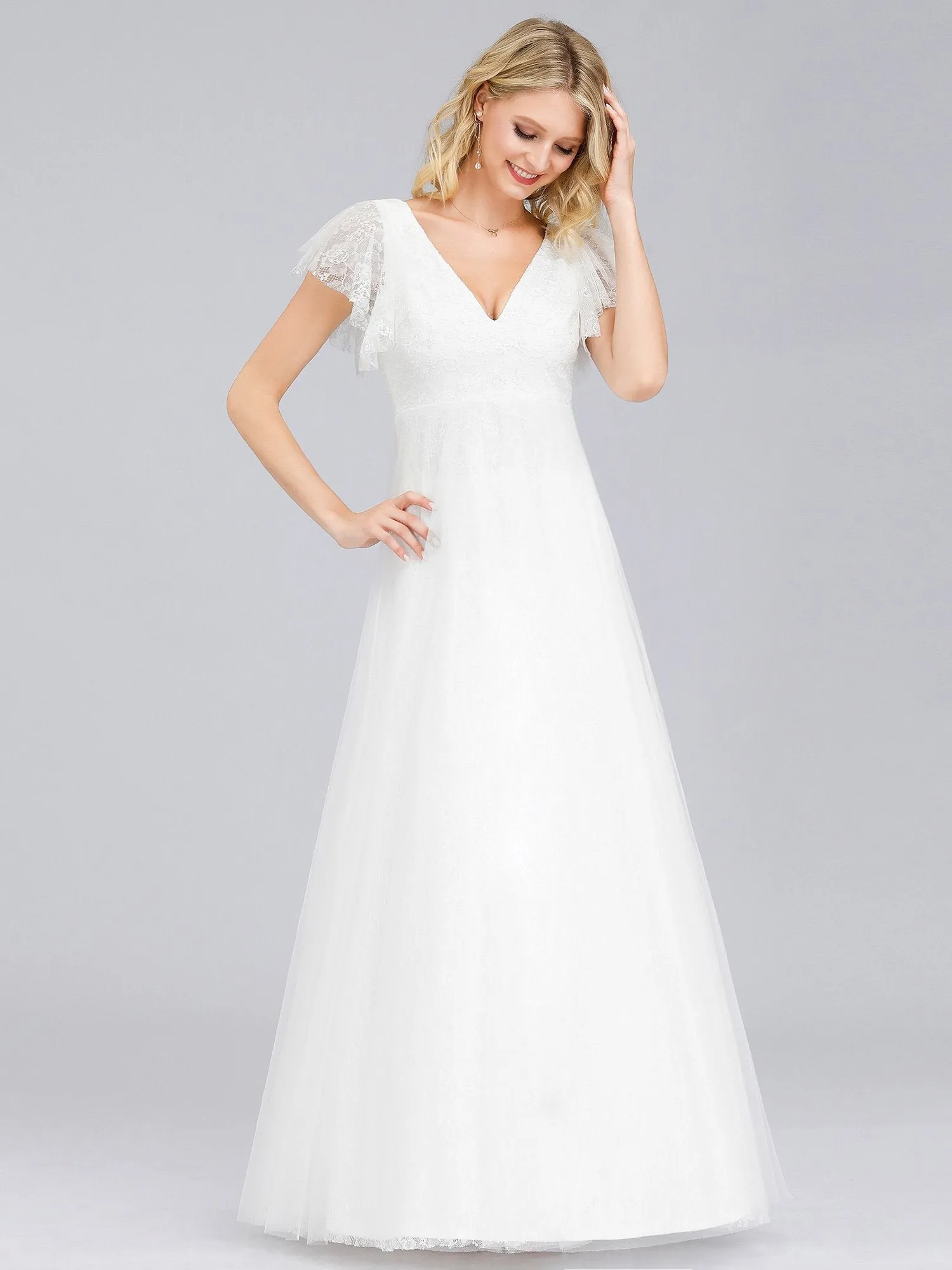 Tiana lace tulle wedding dress with flutter sleeves in Ivory
