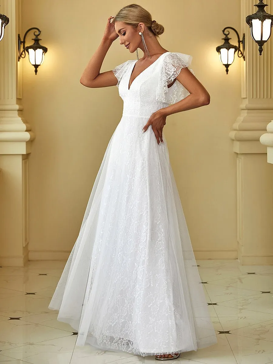 Tiana lace tulle wedding dress with flutter sleeves in Ivory