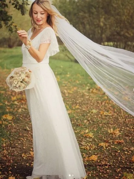 Tiana lace tulle wedding dress with flutter sleeves in Ivory