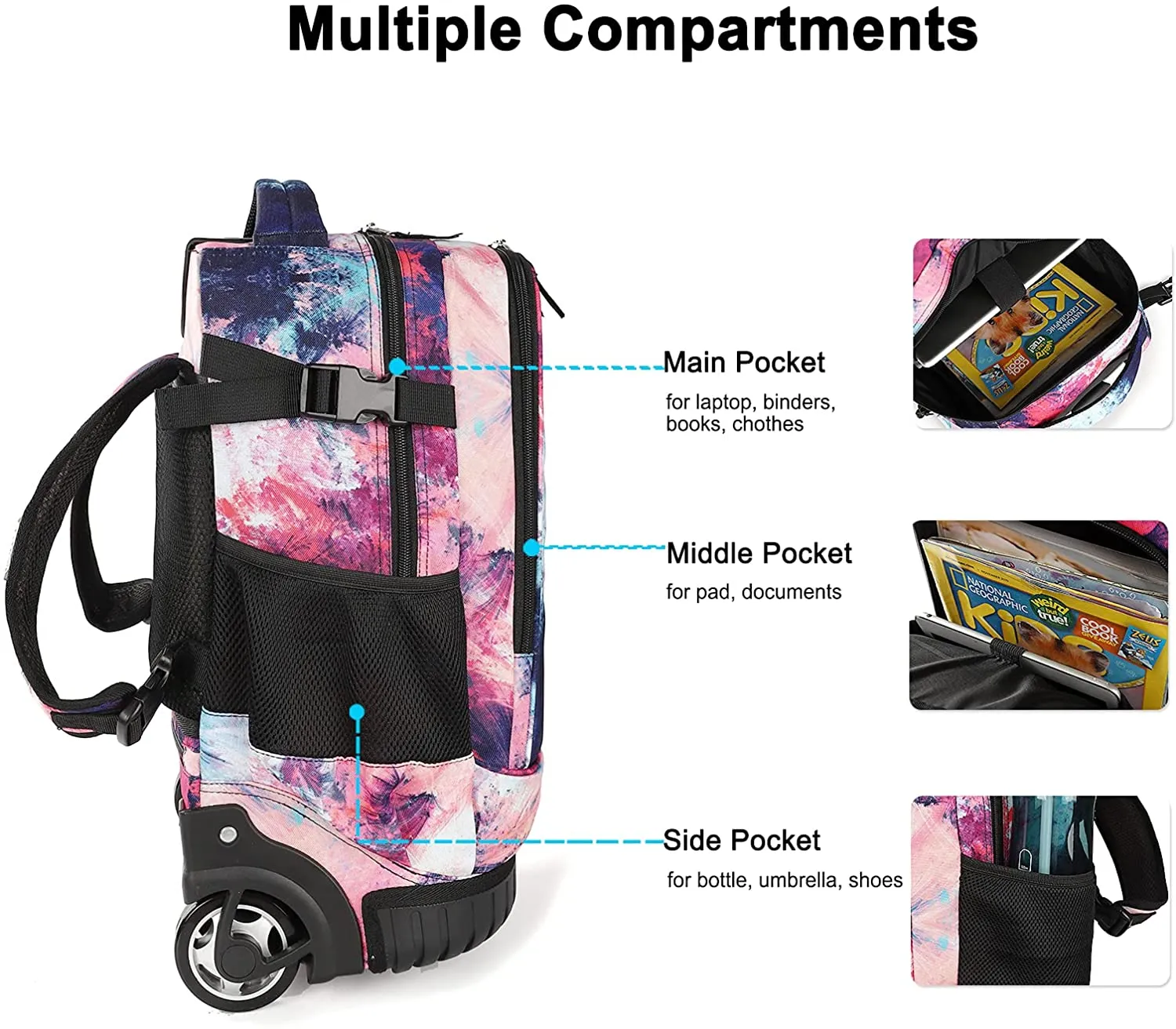 Tilami Pink Graffiti 18 inch Kids Rolling Backpack Laptop Backpack