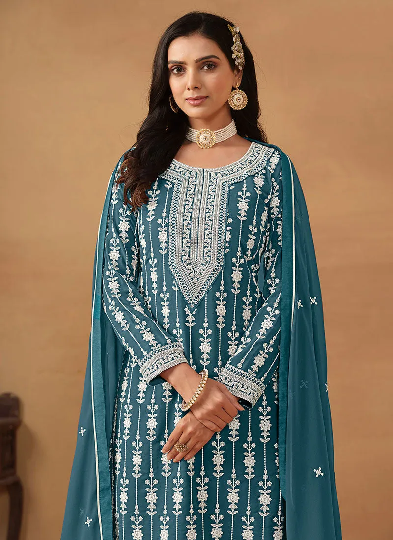 Turquoise Embroidery Designer Gharara Suit