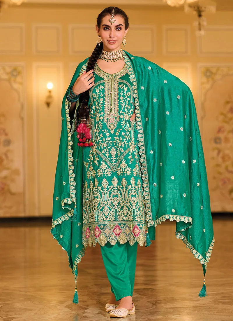 Turquoise Multi Embroidered Traditional Salwar Suit