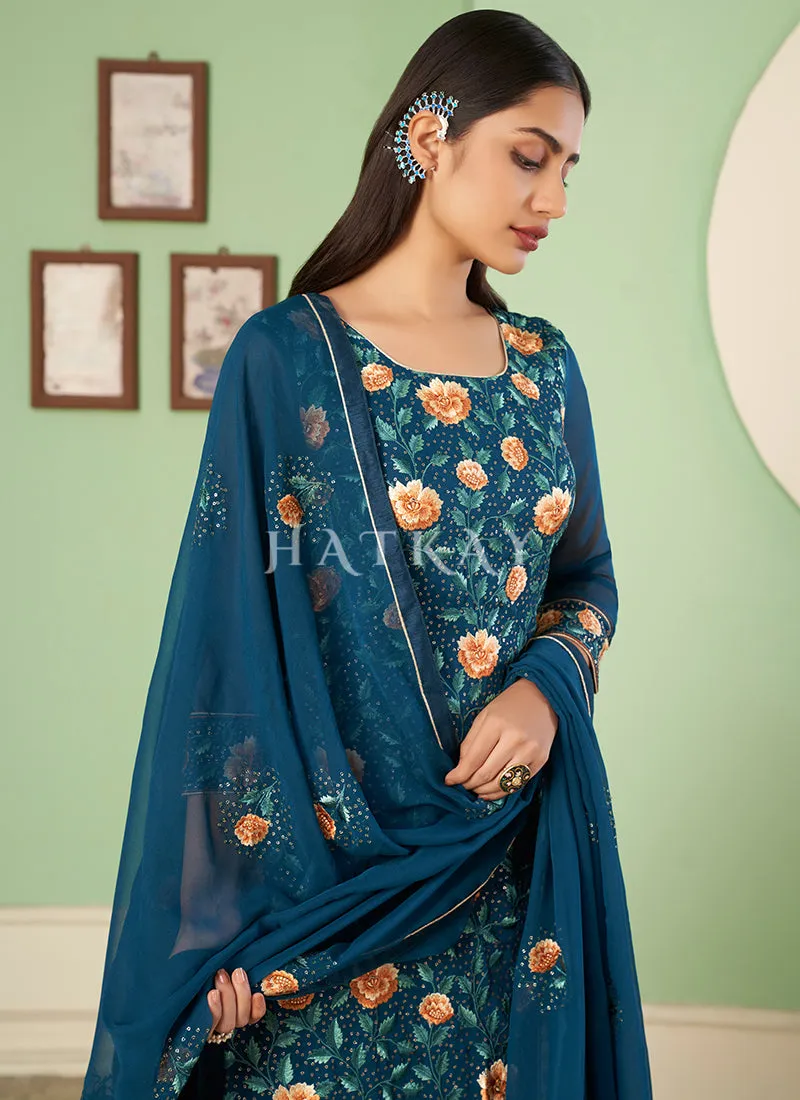 Turquoise Multi Embroidery Georgette Palazzo Suit