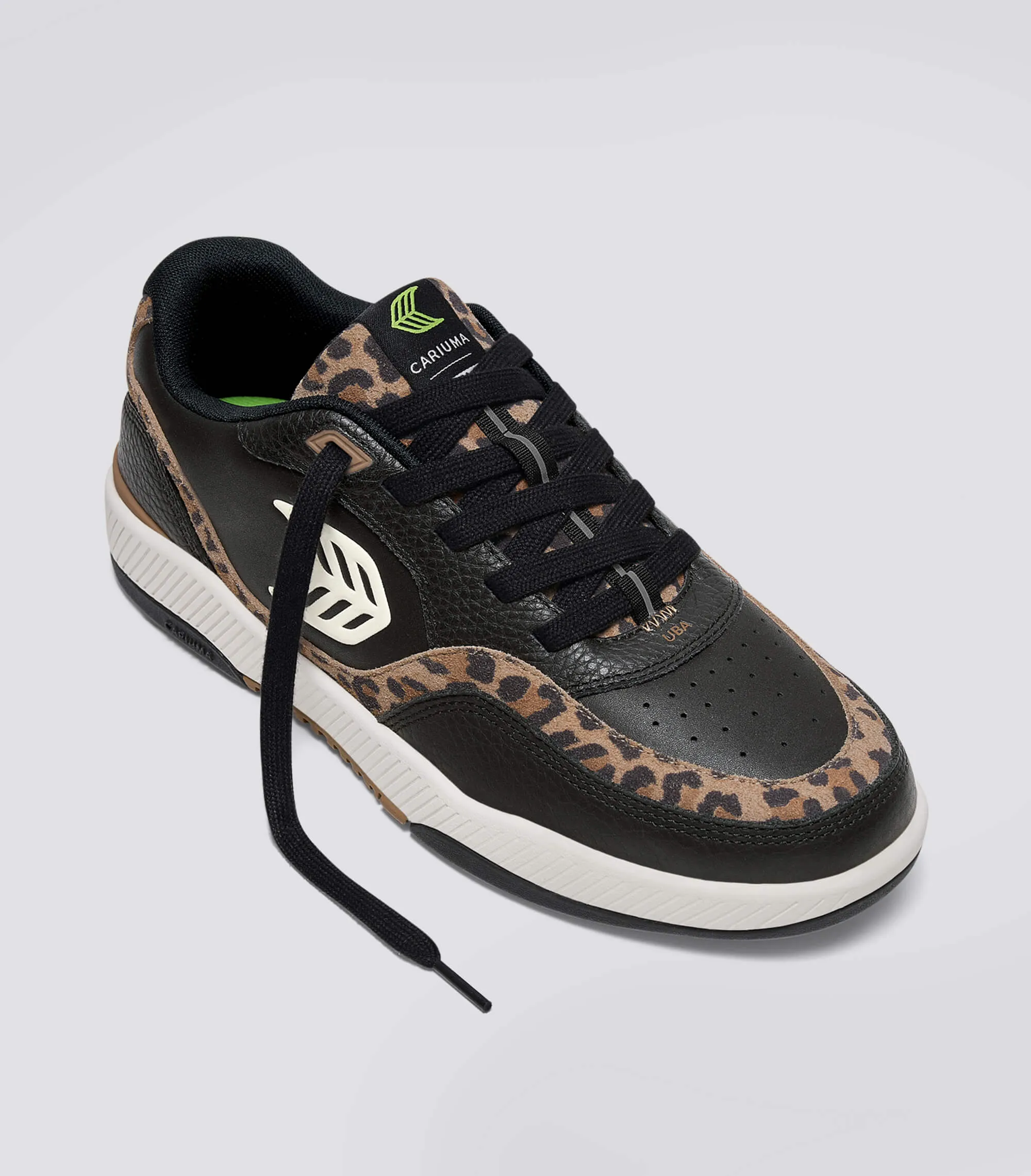 UBA Black Leather Leopard Print Suede Ivory Logo Sneaker Women