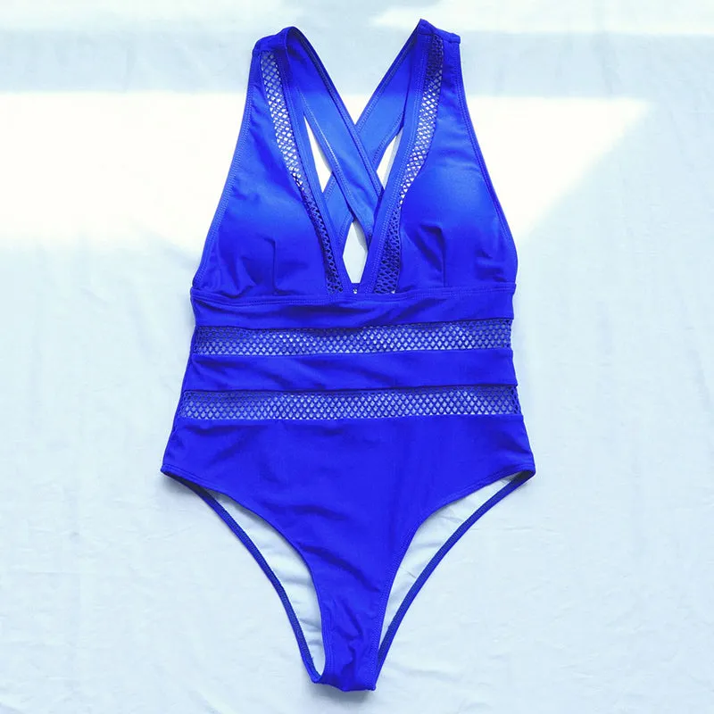 V-neck One Piece Swimsuits Contrast Mesh Swimwear Women