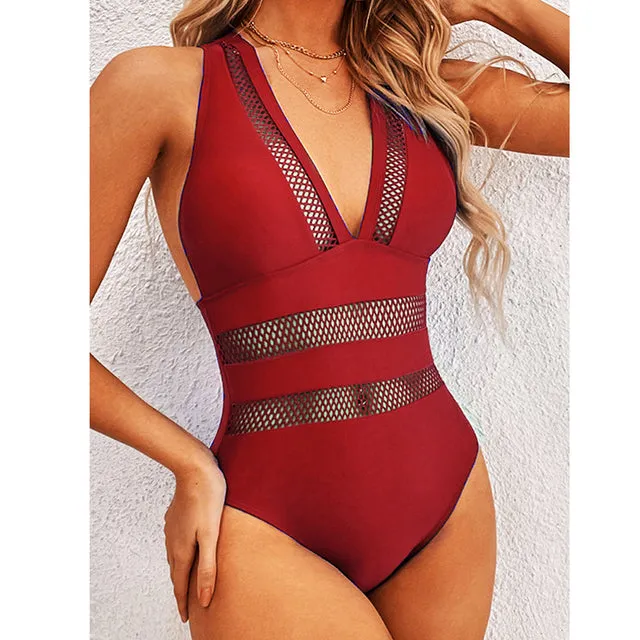 V-neck One Piece Swimsuits Contrast Mesh Swimwear Women