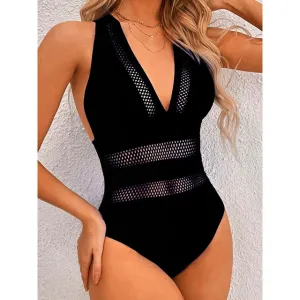 V-neck One Piece Swimsuits Contrast Mesh Swimwear Women