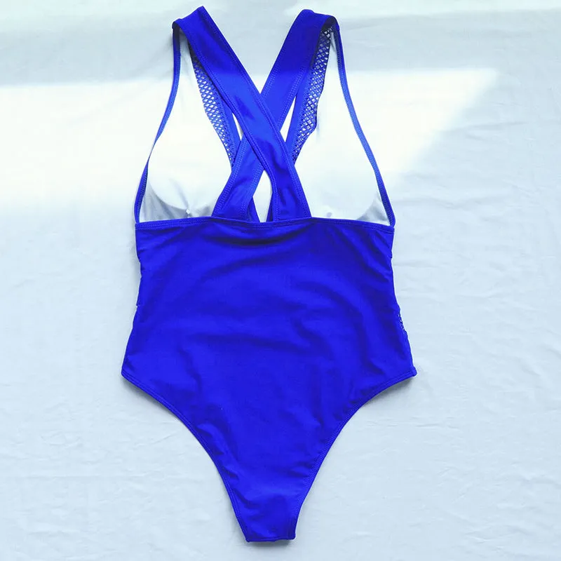 V-neck One Piece Swimsuits Contrast Mesh Swimwear Women