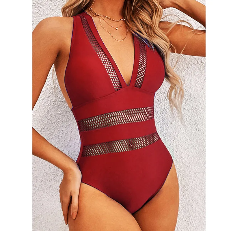 V-neck One Piece Swimsuits Contrast Mesh Swimwear Women