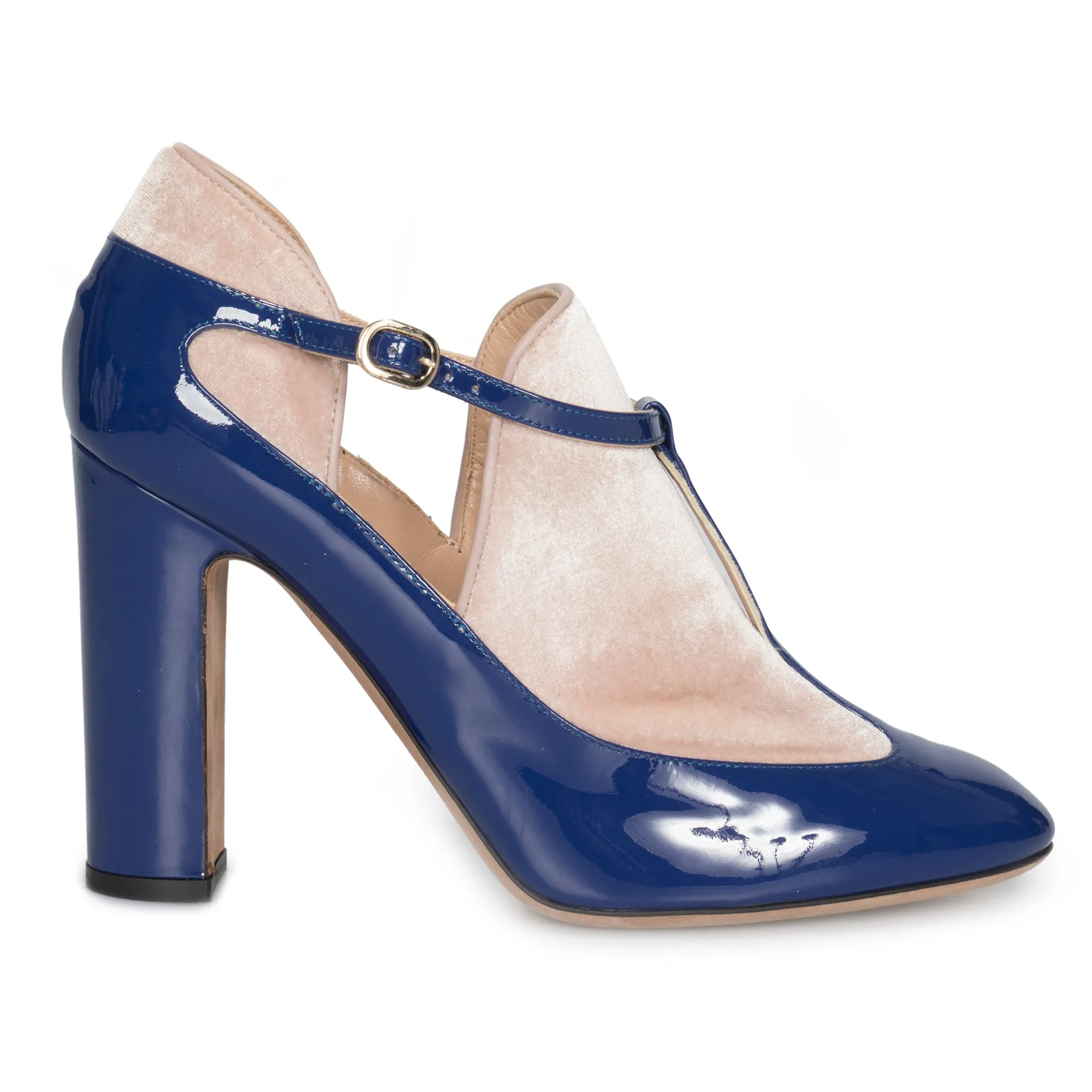 Valentino Ankle Strap Block Heels in Blue Lapis