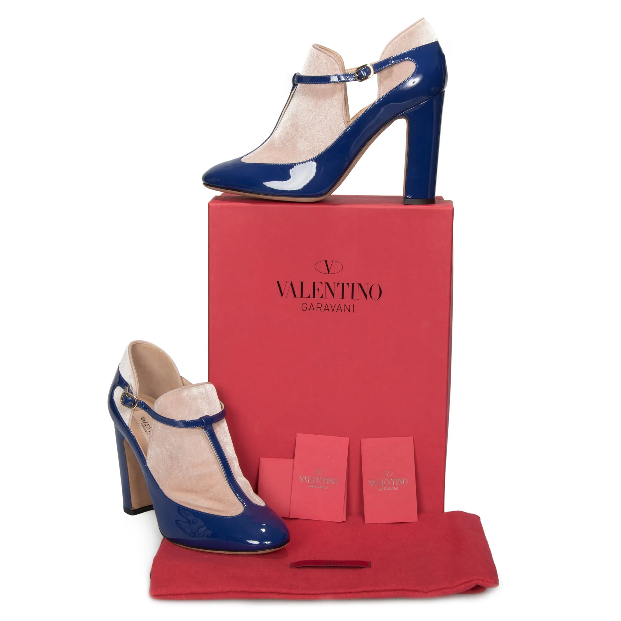 Valentino Ankle Strap Block Heels in Blue Lapis