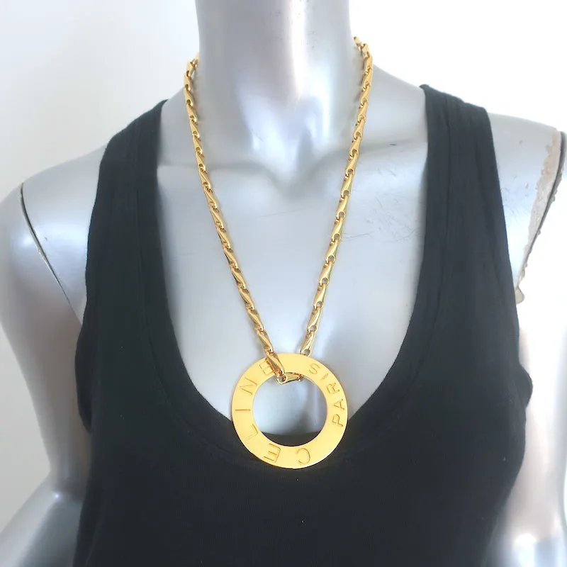 Vintage Celine Logo Disc Pendant Necklace Gold