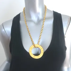 Vintage Celine Logo Disc Pendant Necklace Gold