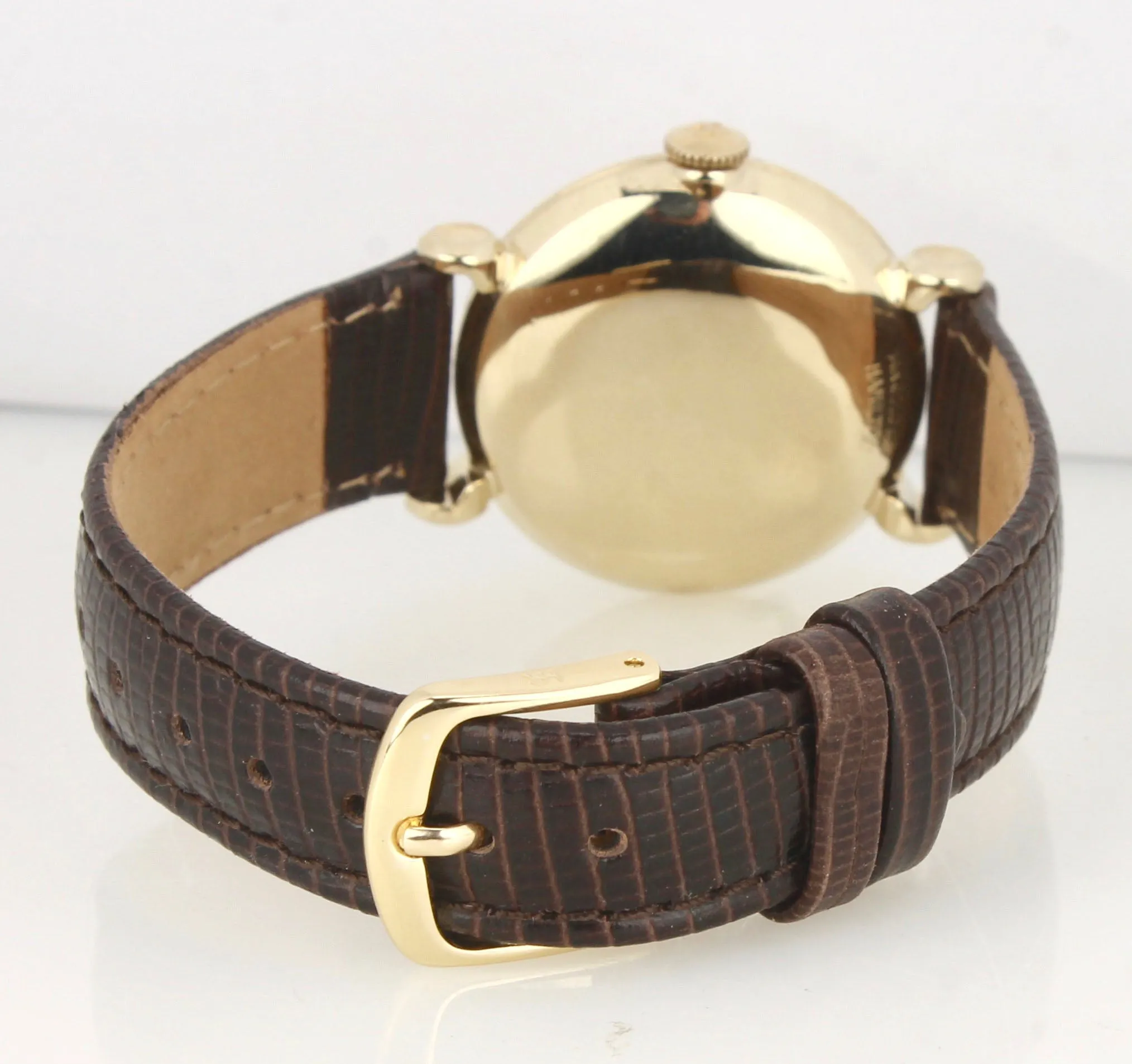 Vintage Hamilton Tiffany & Co. Silver 30mm 14K Yellow Gold Manual Leather Watch