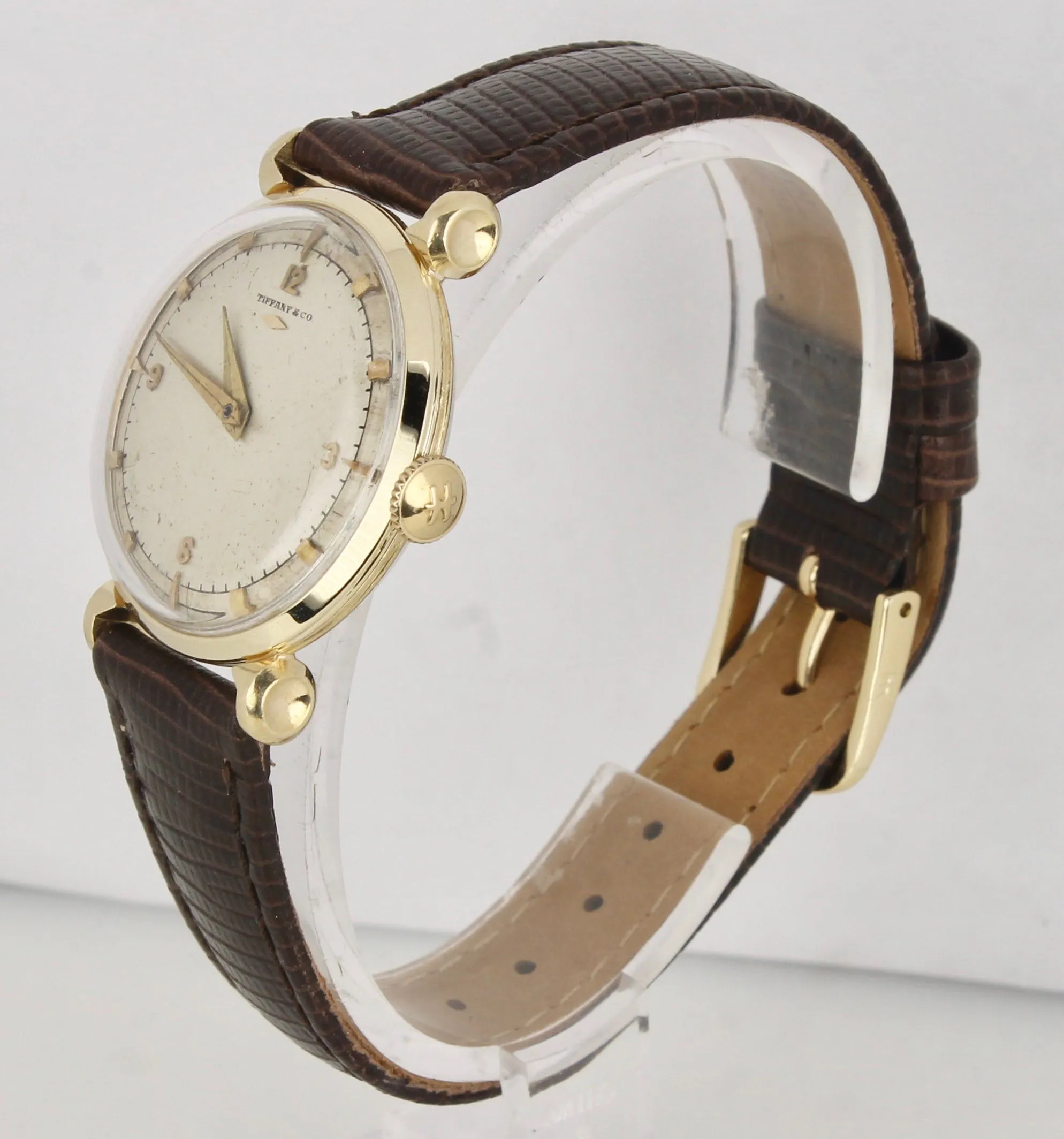 Vintage Hamilton Tiffany & Co. Silver 30mm 14K Yellow Gold Manual Leather Watch