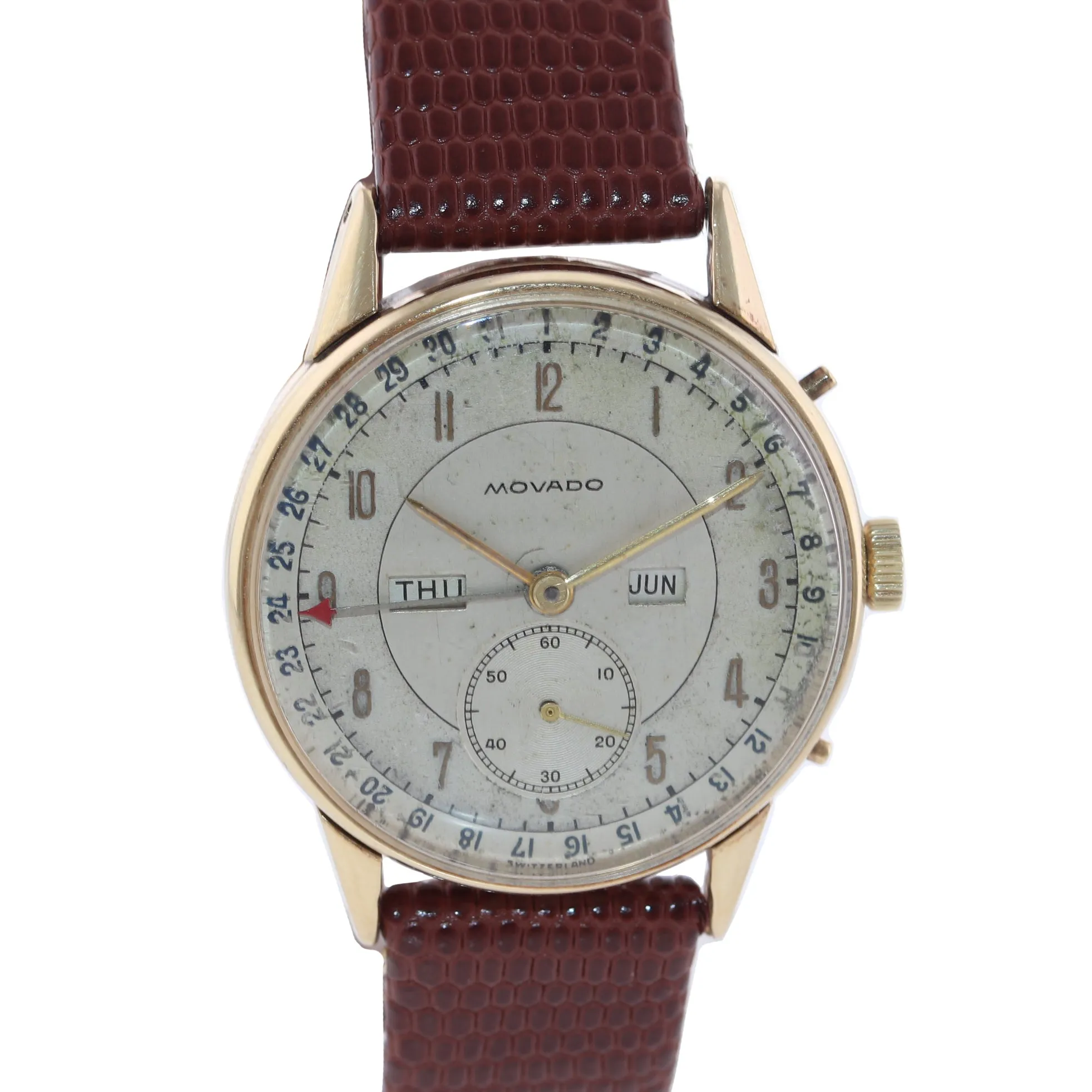Vintage Movado Triple Calendar 44776 14k Yellow Gold 32mm Day Date Month Watch