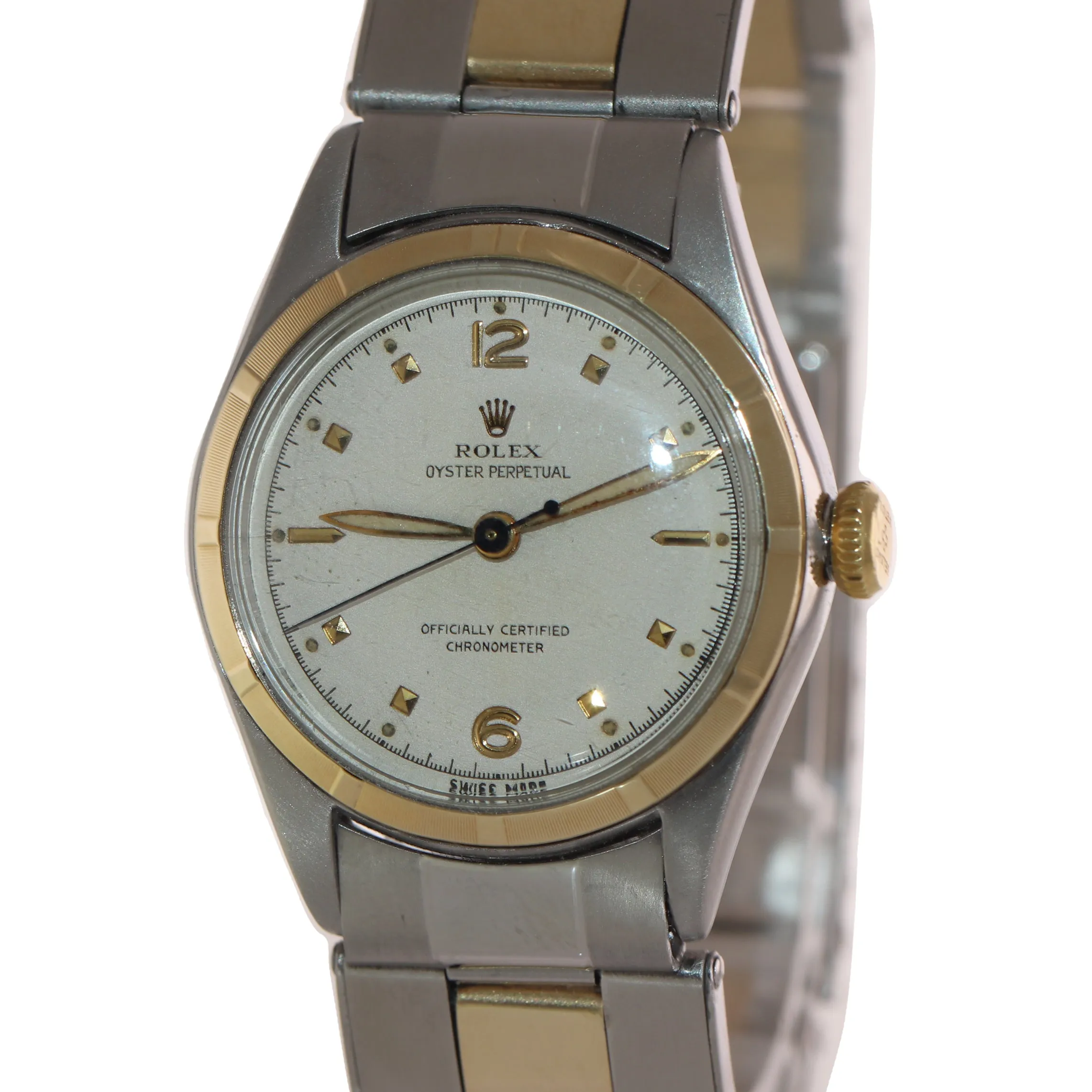 VTG Rolex Oyster Perpetual Two Tone Bubbleback 5007 29mm White Dial Watch