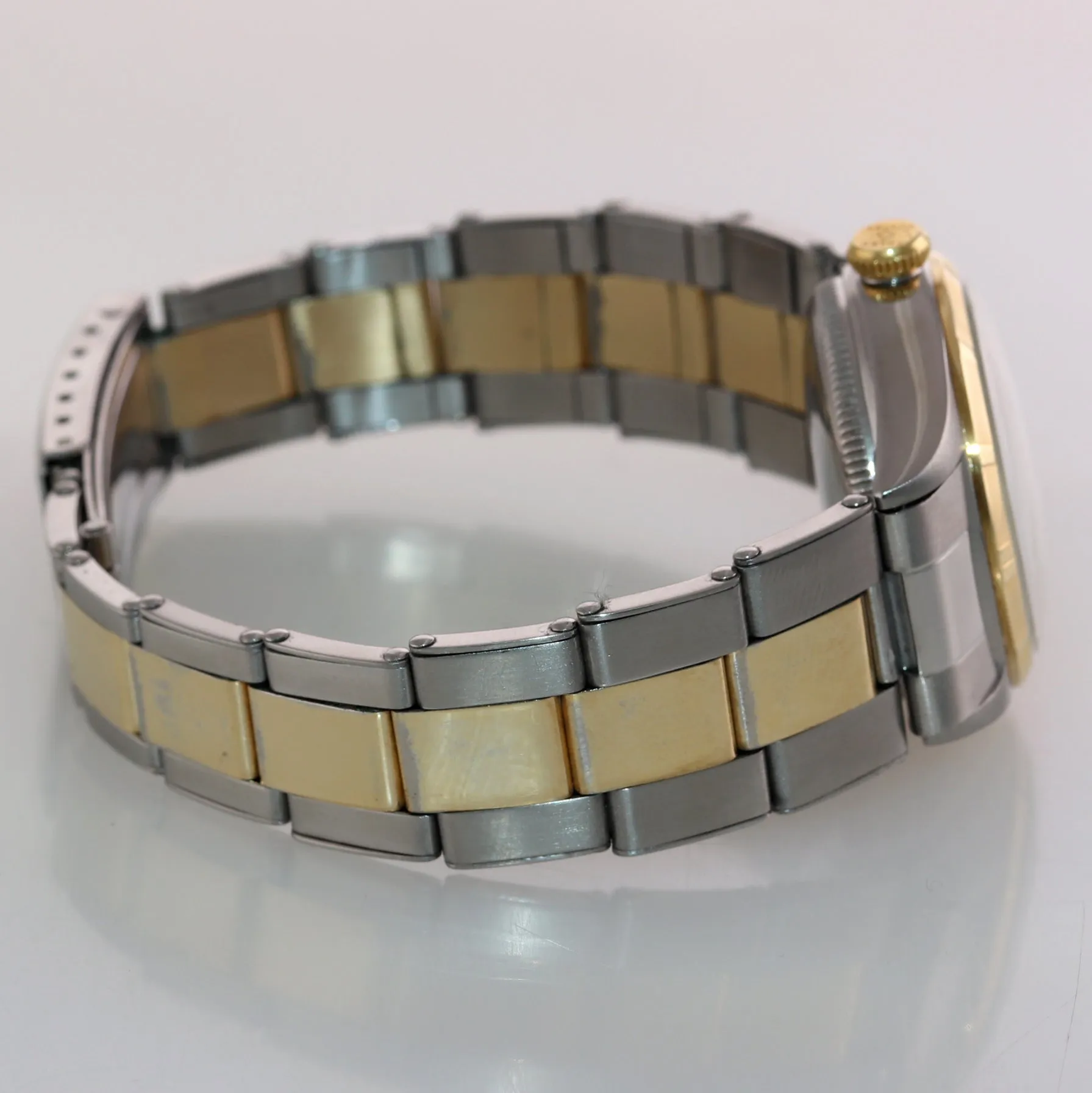 VTG Rolex Oyster Perpetual Two Tone Bubbleback 5007 29mm White Dial Watch