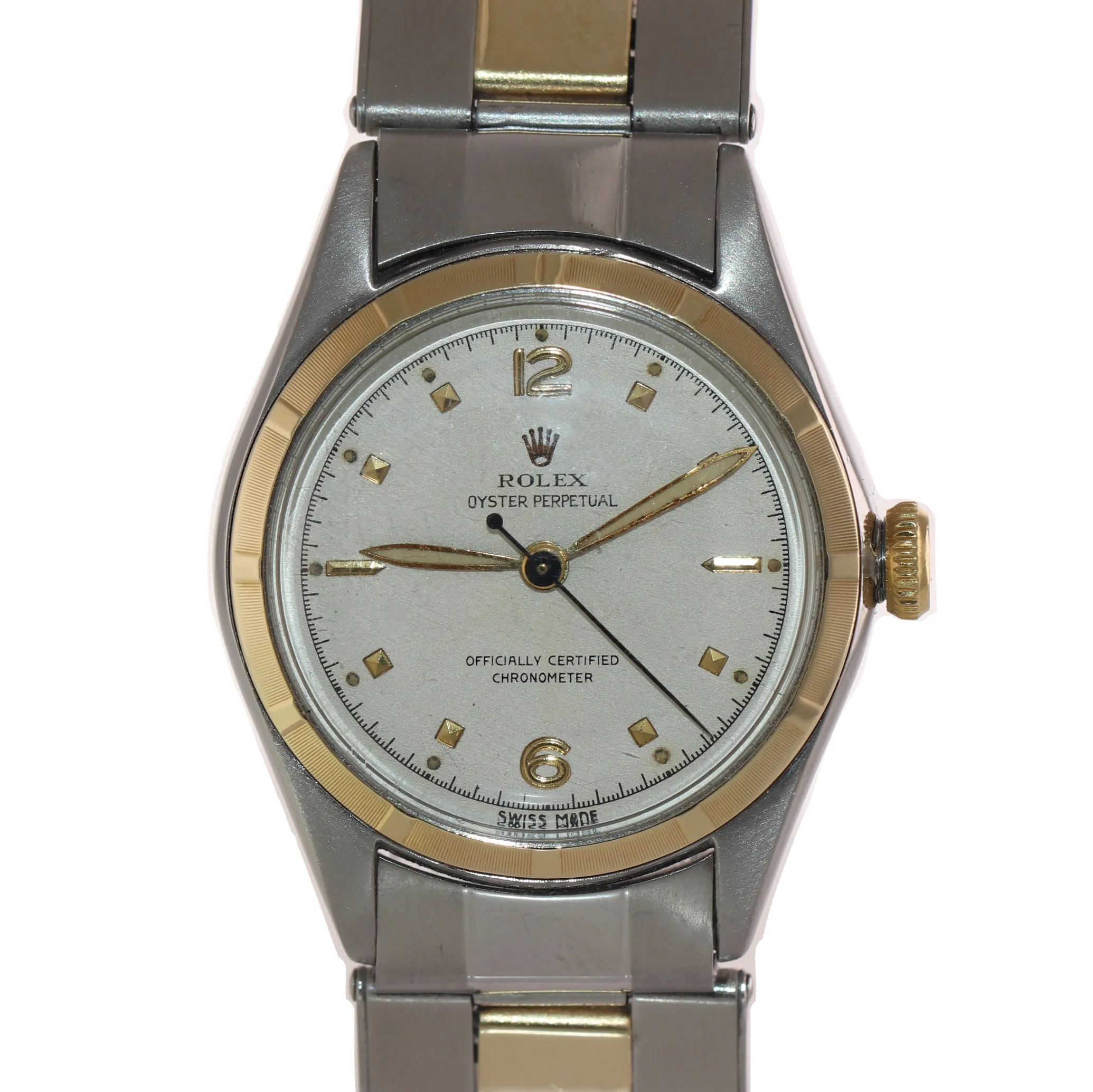 VTG Rolex Oyster Perpetual Two Tone Bubbleback 5007 29mm White Dial Watch
