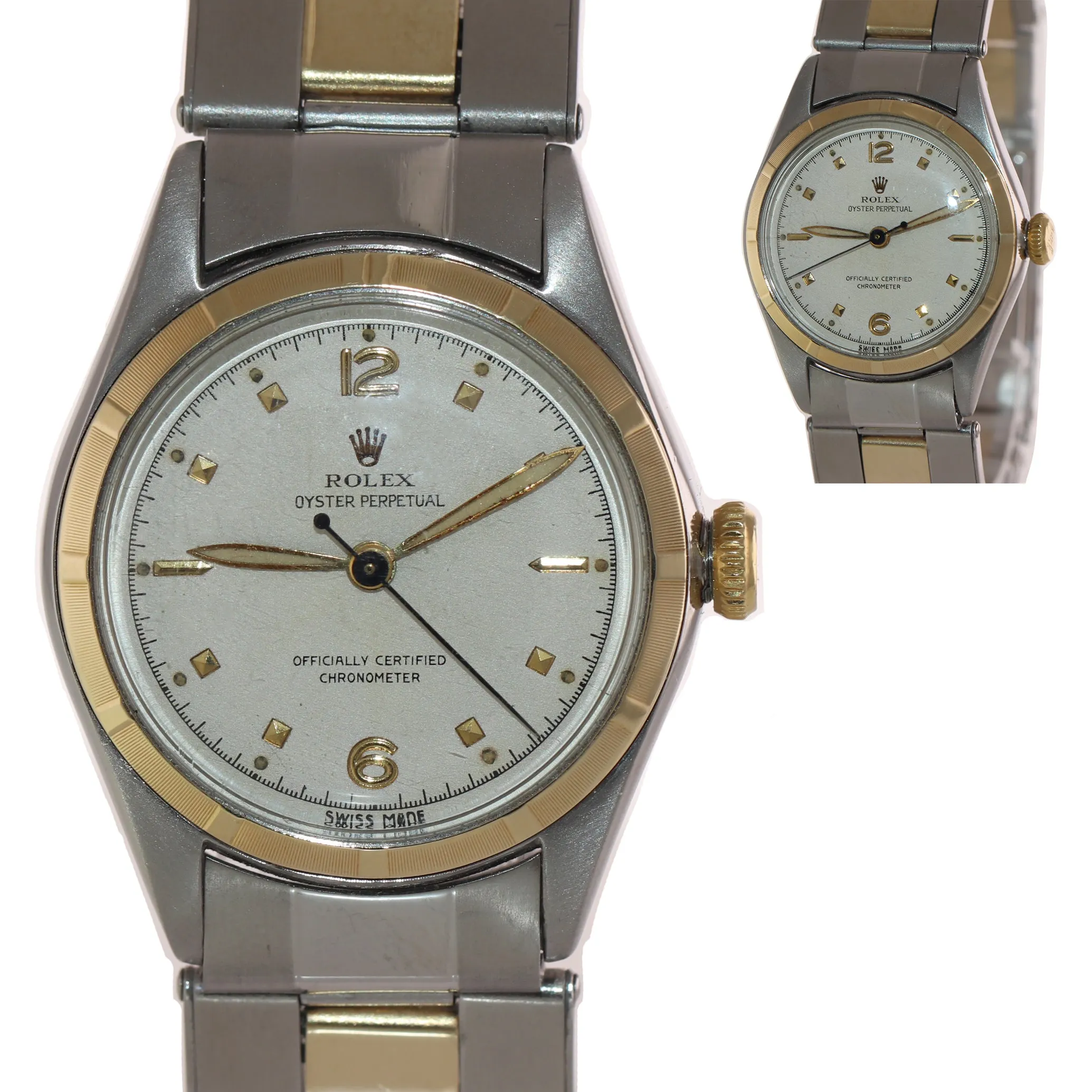 VTG Rolex Oyster Perpetual Two Tone Bubbleback 5007 29mm White Dial Watch