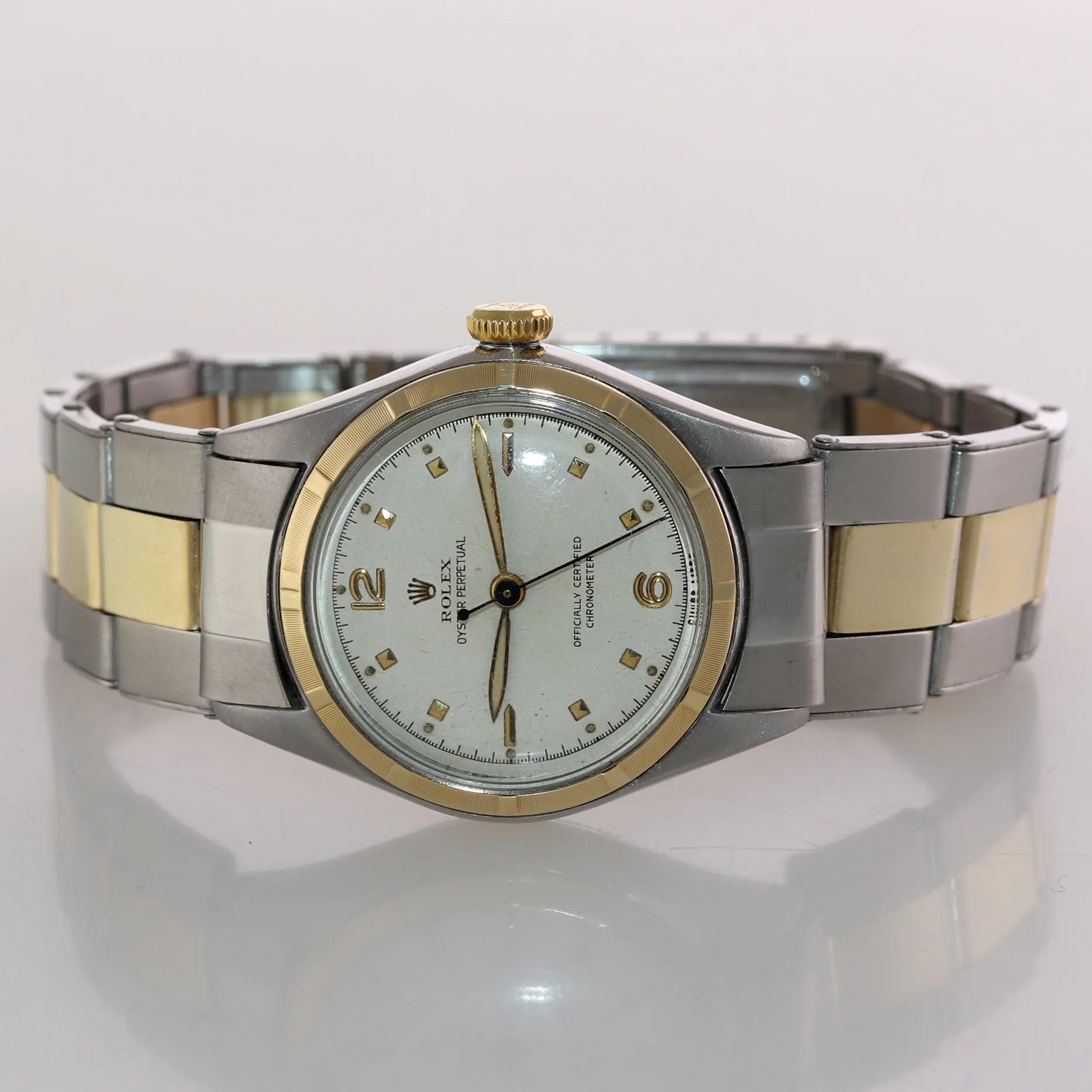 VTG Rolex Oyster Perpetual Two Tone Bubbleback 5007 29mm White Dial Watch