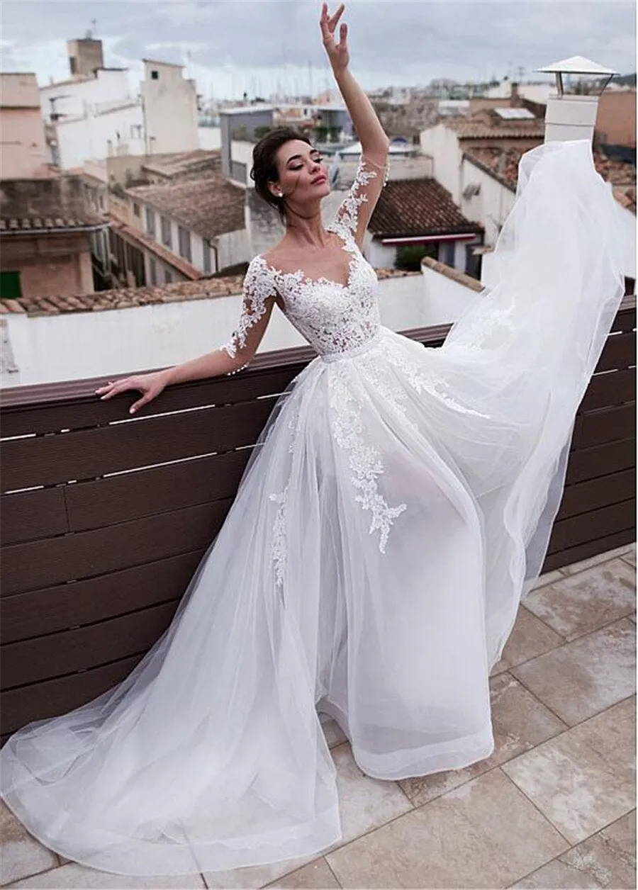 Wedding Dresses With Detachable Skirt Lace Appliques Sleeves Two Pieces