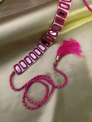 White Fabric Waist-Belt  Pink Rectangle Mirror Work Banjara Kamar-Bandh