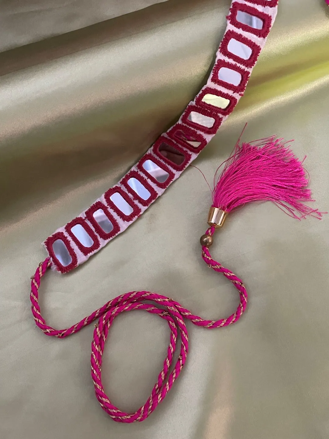 White Fabric Waist-Belt  Pink Rectangle Mirror Work Banjara Kamar-Bandh