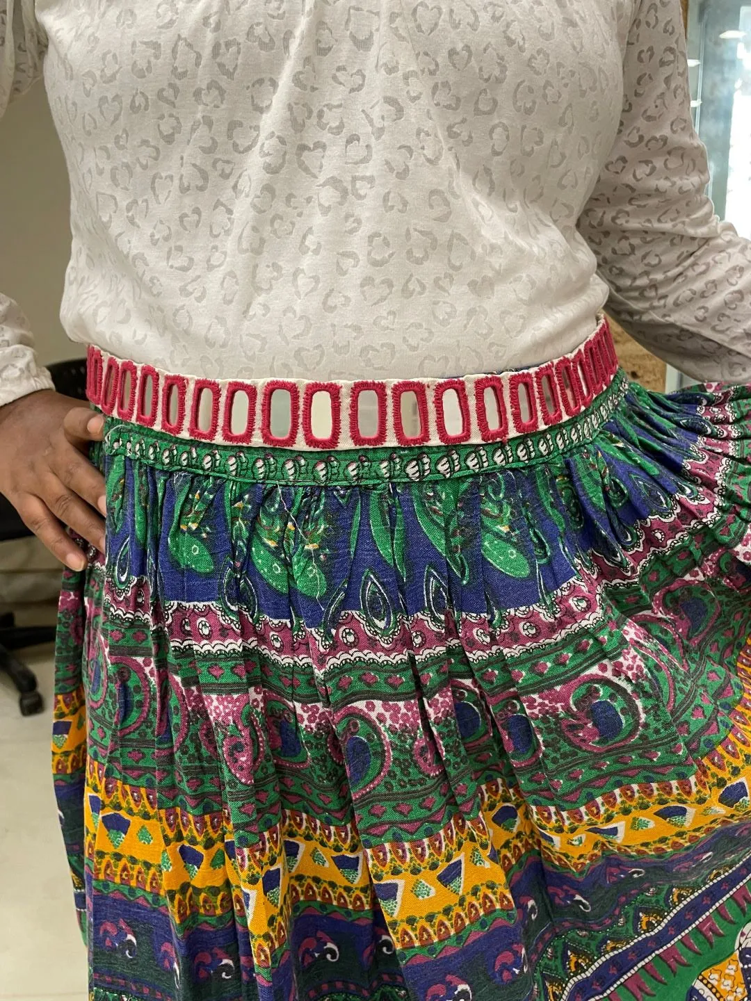 White Fabric Waist-Belt  Pink Rectangle Mirror Work Banjara Kamar-Bandh