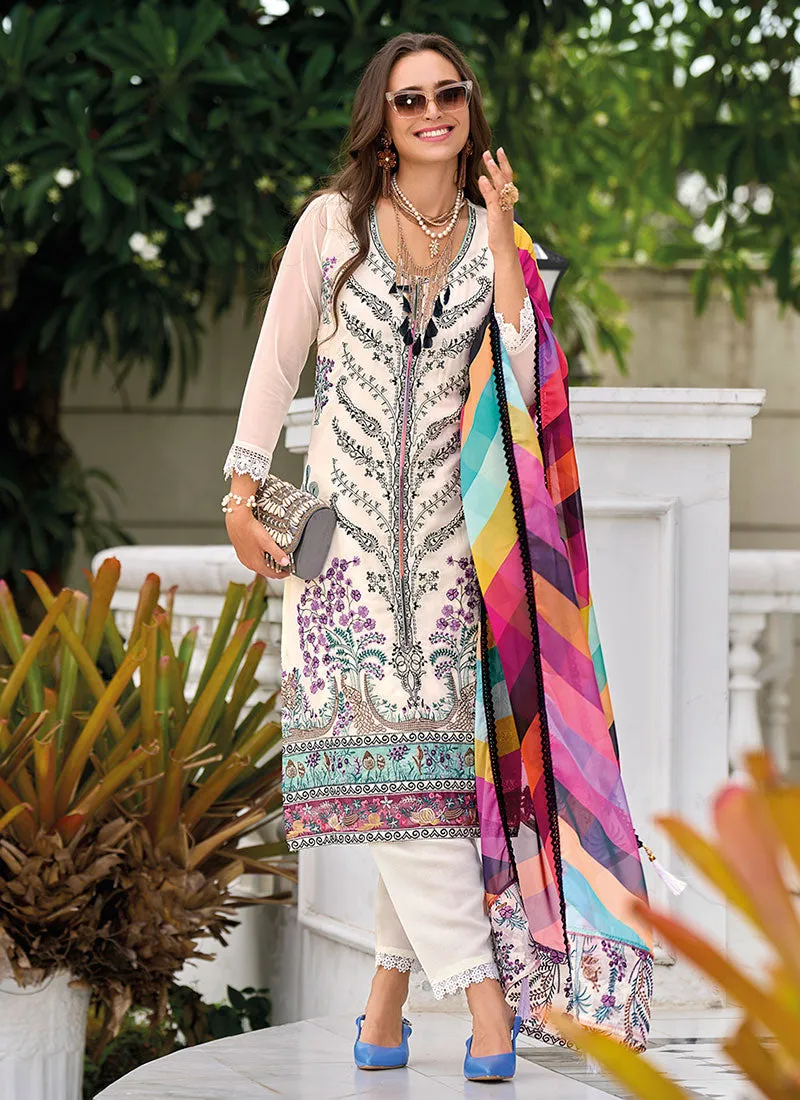 White Multicolored Pakistani Salwar Kameez Suit
