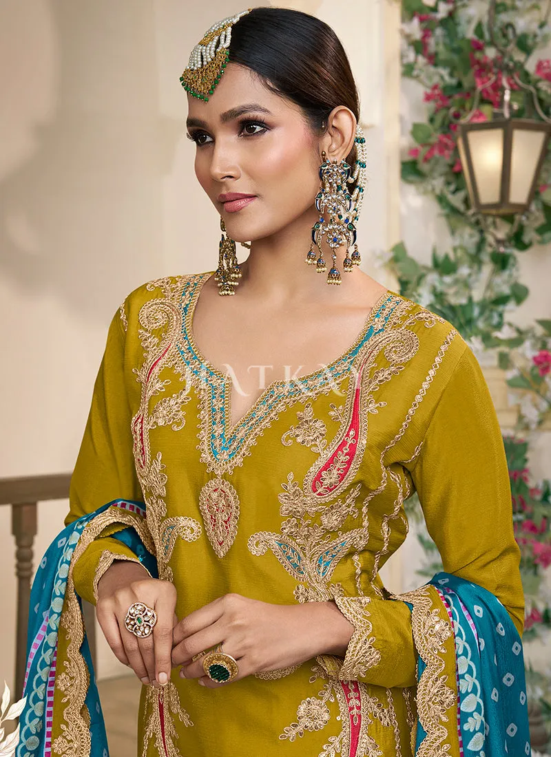 Yellow And Blue Dhoti Style Punjabi Suit