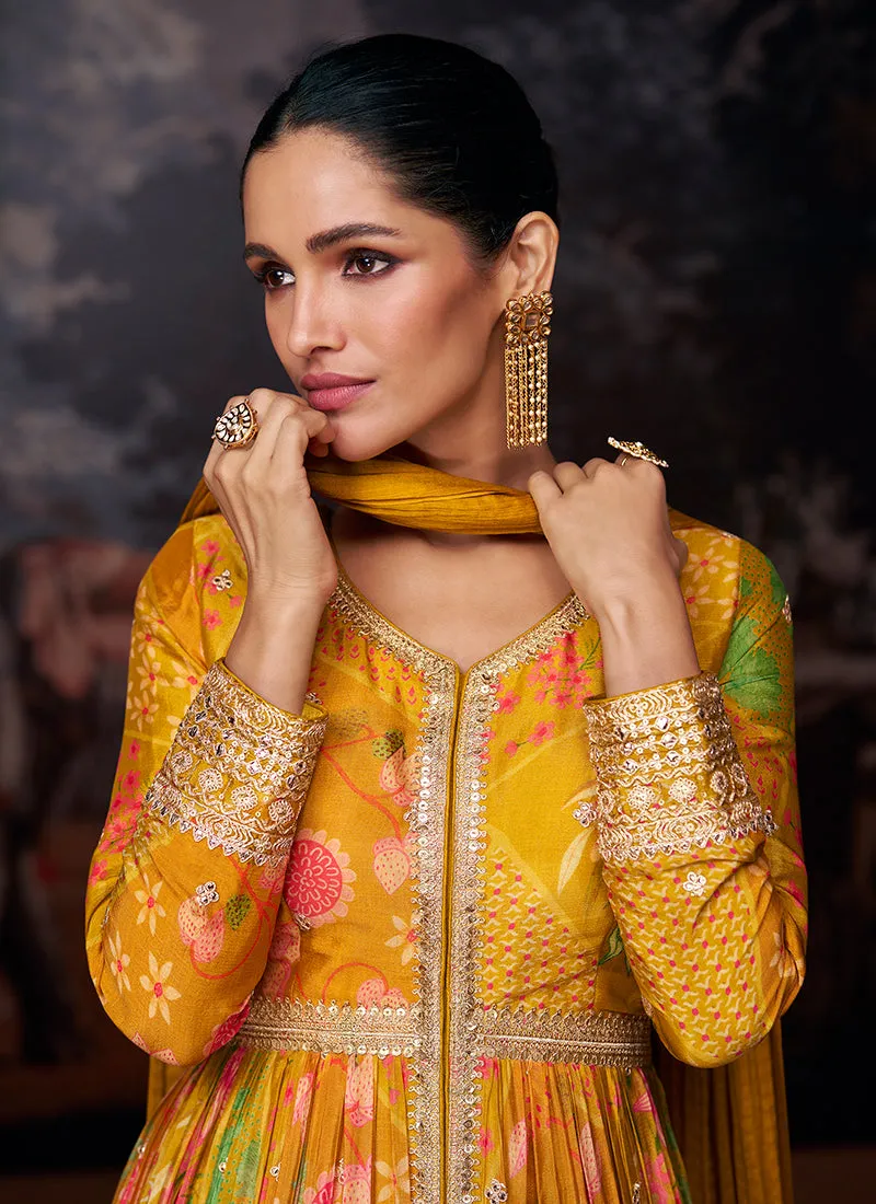 Yellow Sequence Embroidery Digital Printed Slit Style Anarkali Suit