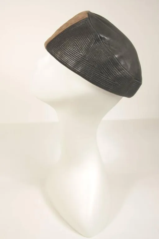 YVES SAINT LAURENT Suede and Leather Hat w/ Top Stitch Details