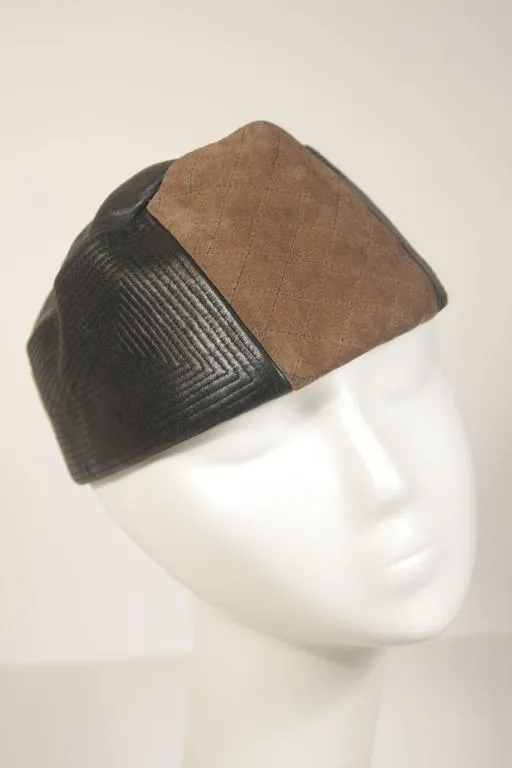 YVES SAINT LAURENT Suede and Leather Hat w/ Top Stitch Details