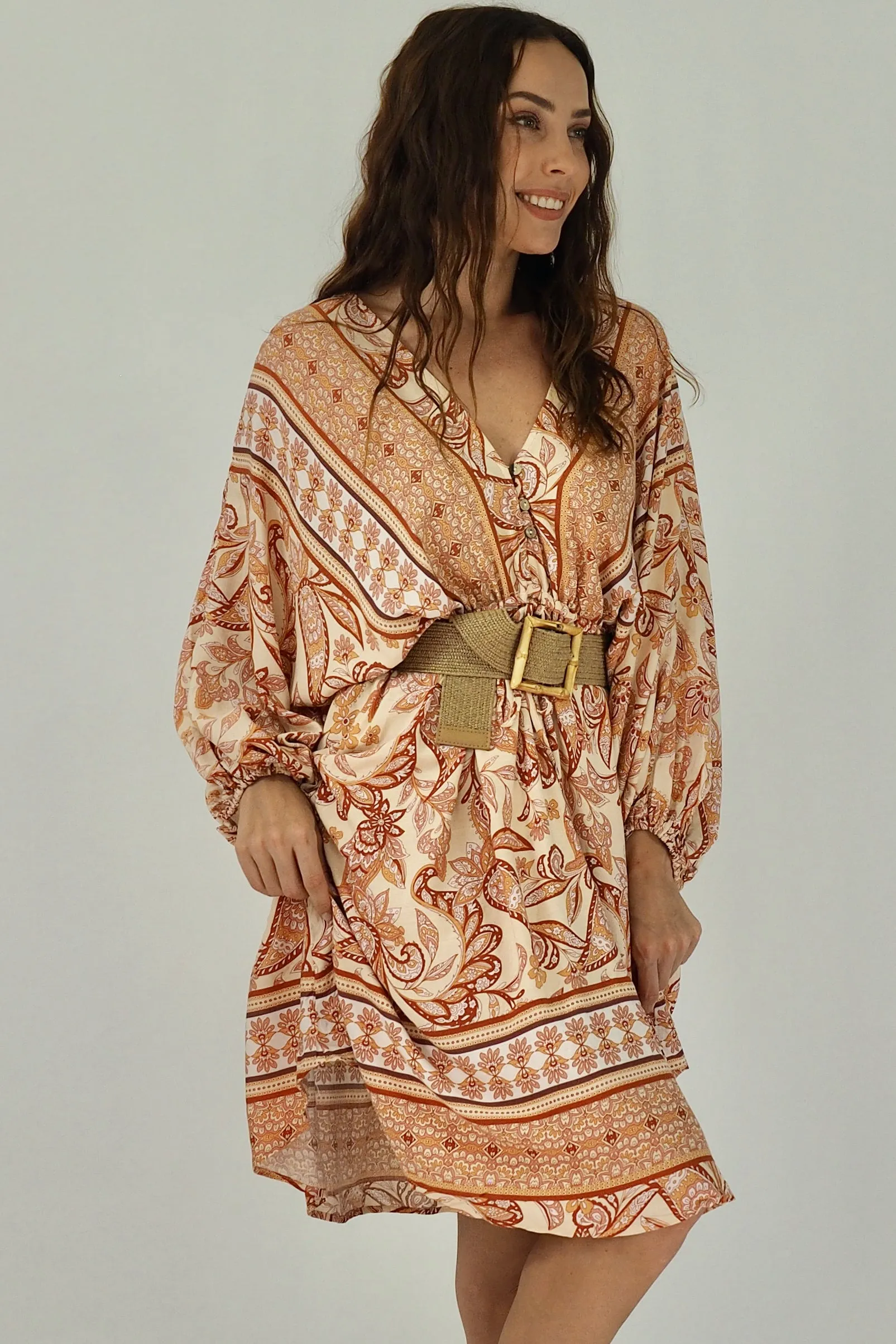 Zena Mini Dress - Orange/Pink/Beige